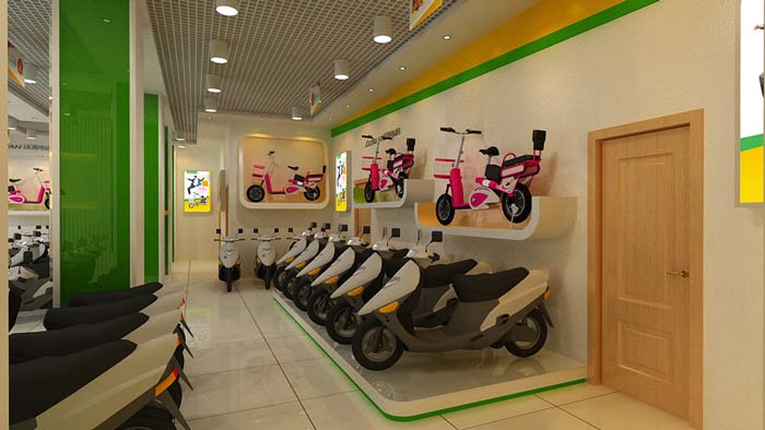 綠源電動車店鋪、店面電動車擺放區(qū)裝修設(shè)計案例效果圖