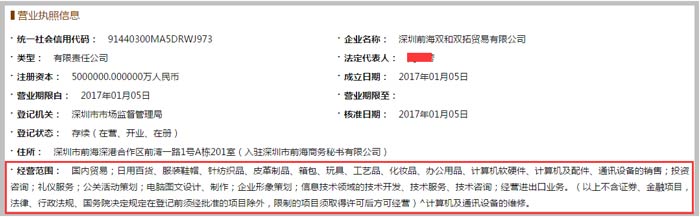深圳前海雙和雙拓貿易公司經(jīng)營范圍截圖